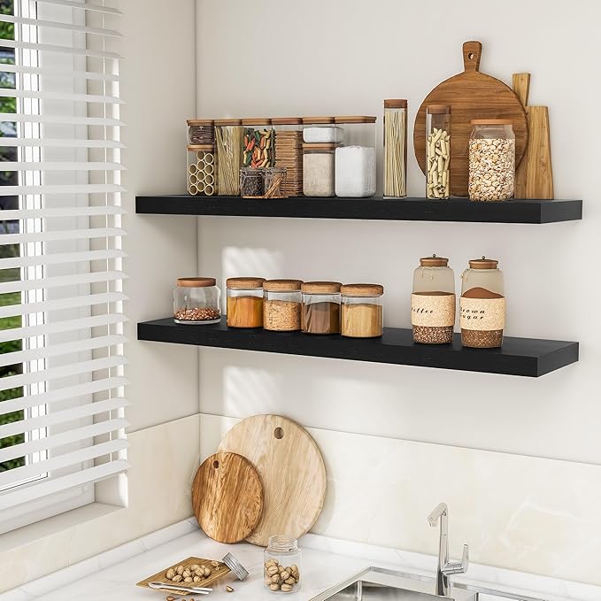 RICHFOCUS 48Inch Floating Shelves for Wall 1 Pack Shelves for Bedroom|Kitchen|Bathroom Wall Mounted Rustic Wood Floating Shelf with Invisible Brackets for Books|Storage|Decor, Black-Ruum Studio Home