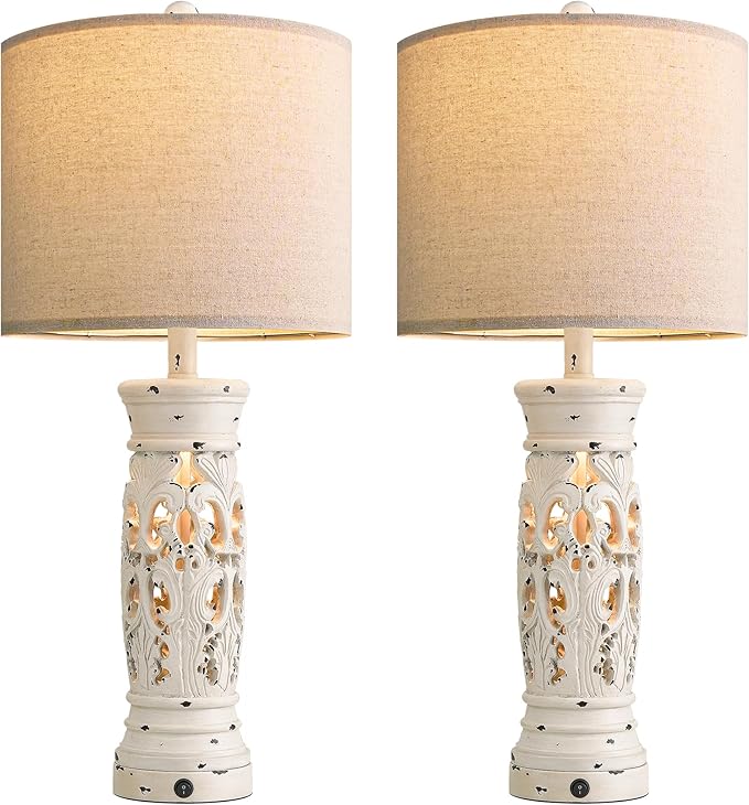 BOBOMOMO 27.25” Farmhouse Table Lamps Set of 2 – Antique White Bedside Lamps with Night Light & USB A+C Ports, Vintage Lamps for Bedroom, Living Room, Entryway, Console Table (Bulbs Included)-Ruum Studio Home