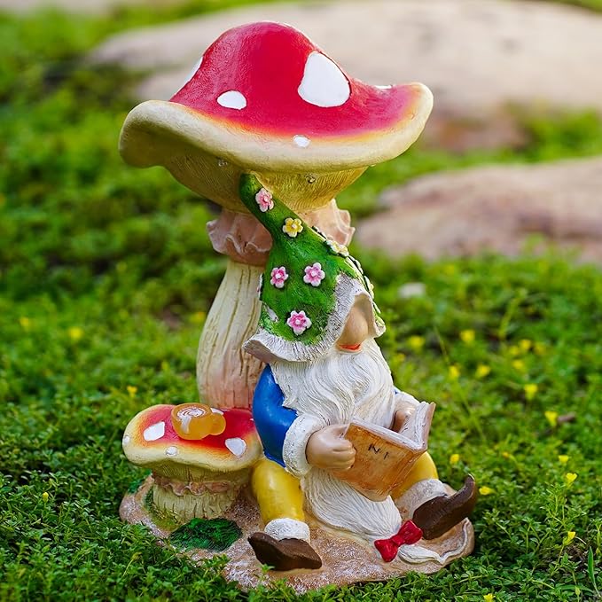Upgraded Size Solar Garden Outdoor Statues Gnome Reading Under Mushroom with 5 LED Solar Figurine for Lawn,Patio,Balcony,Yard Decor Unique Housewarming Gift for Grandfather, Father,Grandma,Wen-Ruum Studio Home