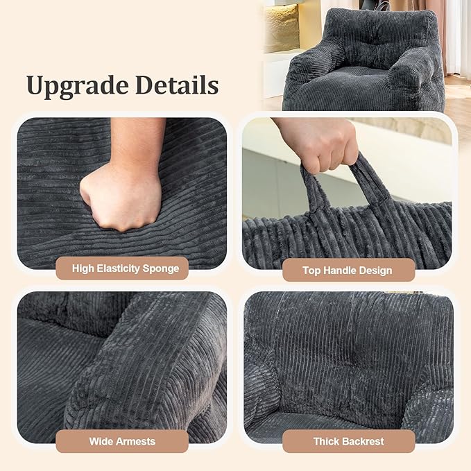 Giant Bean Bag Chair, Faux Fur Large Bean Bag Chair for Adults, Fluffy and Comfy Giant Bean Bag Chair with Filler, Big Bean Bag Sofa Chair for Reading, Gaming, Grey-Ruum Studio Home