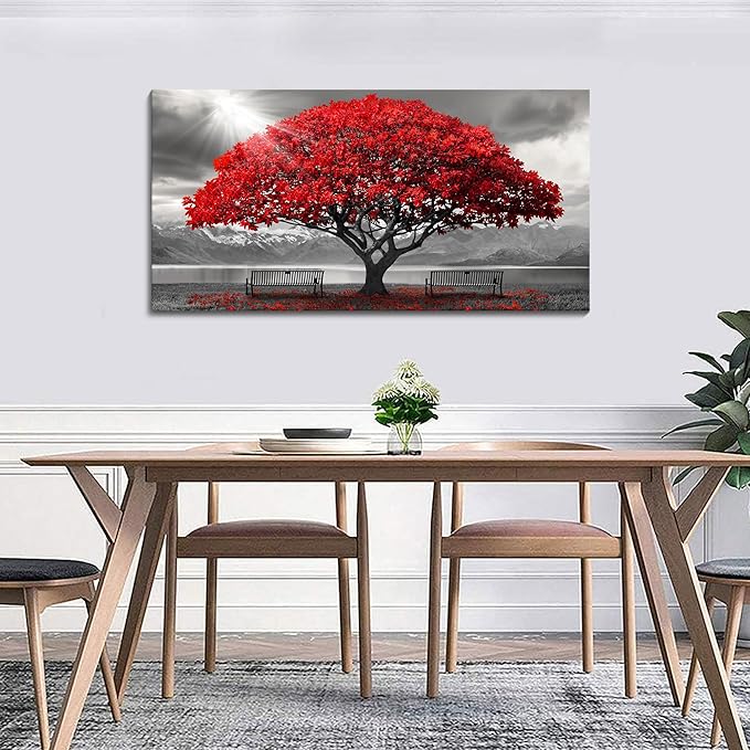 AJAZIKO Red Wall Art - Modern Framed Wall Art for Living Room - Red Tree Black and White Landscape Canvas Prints Posters & Prints for Home Office Bedroom Decorations - Large Wall Pictures 24×48IN-Ruum Studio Home