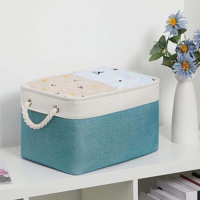 Bidtakay Basket Storage Bins with Handles Fabric Large Storage Baskets for Organizing Set of 3 Collapsible Rectangular Basket for Shelves Closet Organizer 15 X 11 X 9.5 Inches(White&Teal Blue)-Ruum Studio Home