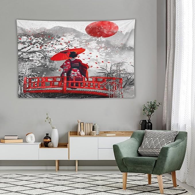 Japanese Red Geisha Tapestry Asian Cherry Blossom Red Sun Traditional Kimono Folk Tapestries Home Decor for Living Room Bedroom Apartment Farmhouse Dorm 90"x60"-Ruum Studio Home