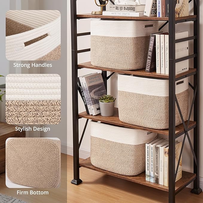 OIAHOMY 13 Kallax Inch Cube Storage Bins, 3-Pack Cotton Rope Woven Baskets for Organizing, Kallax Insert Storage Baskets for Shelves, Baby Nursery, Closet Organizer, 15*13*12.6IN, Brown & White-Ruum Studio Home