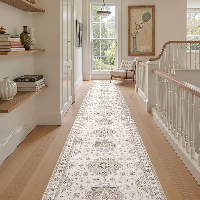 Washable 3x20 Runner Rug - Area Rugs Neutral Vintage Distressed Floral Farmhouse Boho Large Soft Floor Rug Indoor Carpet for Hallway Entryway Home - Beige Brown-Ruum Studio Home