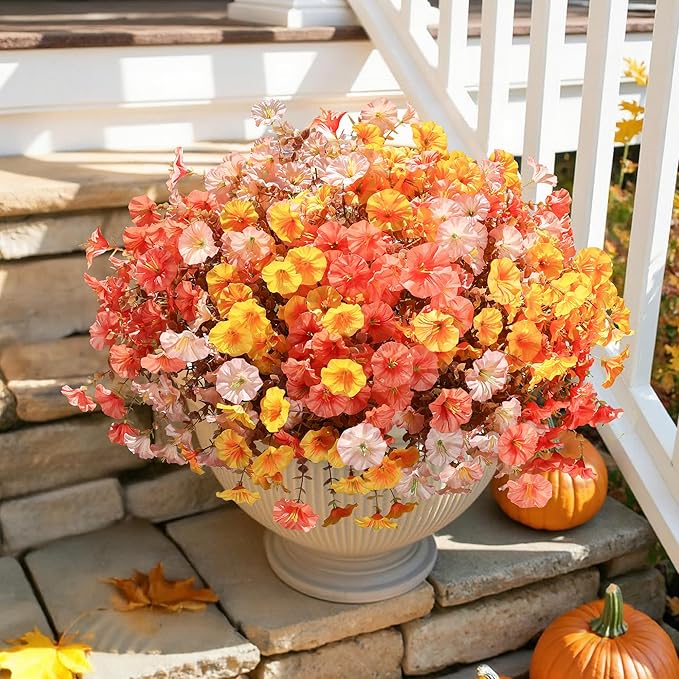 Artificial Mums for Outdoors Fake Fall Flowers Plants for Autumn Decoration, 12 Bundles Silk Morning Glory with Eucalyptus Look Real UV Resistant Faux Mums for Outside Planters Yard Patio Porch, Mix-Ruum Studio Home