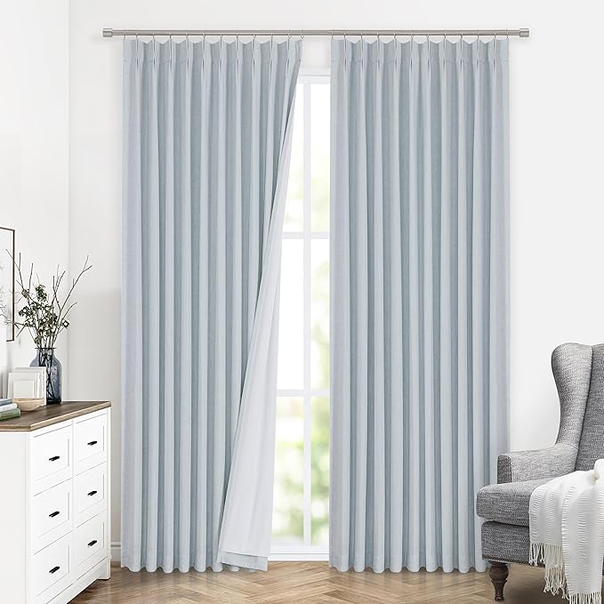 Vision Home Blue Fog Pinch Pleated Full Blackout Curtains Linen Blended Room Darkening Window Curtains 90 inch for Living Room Bedroom Thermal Insulated Pinch Pleat Drapes with Hooks 1 Panel 60"Wx90"L-Ruum Studio Home