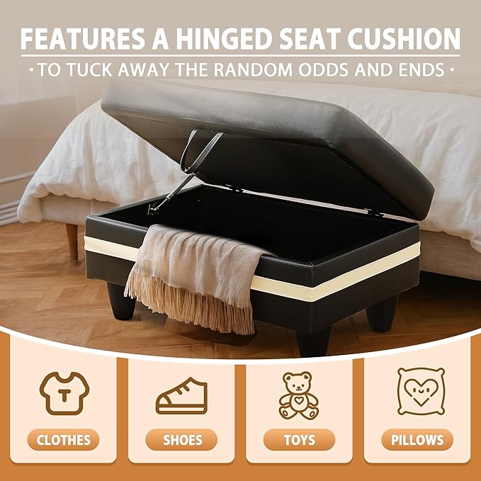 Ottoman Rectangular Storage Ottoman Bench, Faux Leather Footrest, Coffee Table, Stool Footstool with Hinged Lid for Living Room, Bedroom, Entryway, Black with White Strip, 35"x23.5"x17.5"-Ruum Studio Home
