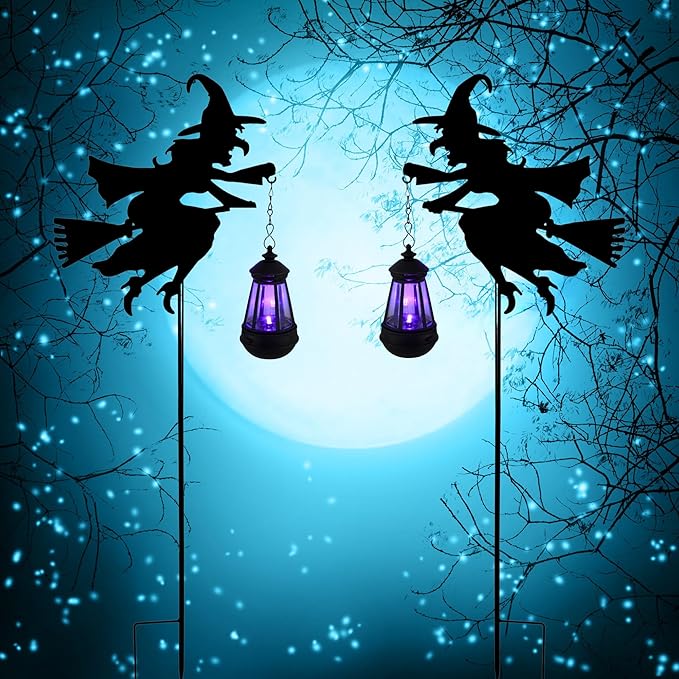 Fairy Garden Accessories Lawn Ornaments 1 Pair - Solar Lights Halloween Decorations Outdoor Garden Statue, Metal Stakes Decorative Figurines for Yard Decor, Patio (Witch)-Ruum Studio Home