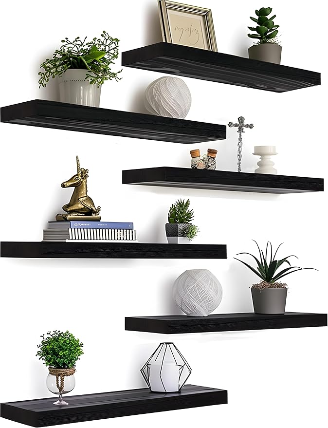 Black Wood Floating Shelves for Wall Rustic Wall Shelves for Bedroom Set of 6-Ruum Studio Home