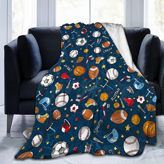 Baseball Football Basketball Sport Theme Throw Blanket 60x50 Inch Soft Fleece Blanket Men Women Gift for Kids Boys Girls for Party Couch Sofa Bed Deco Blankets-Ruum Studio Home