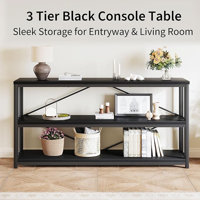 LVB Black Entryway Table, Modern Narrow Console for Hallway, Industrial Farmhouse Foyer Table with Storage Shelves, 63 Inch-Ruum Studio Home