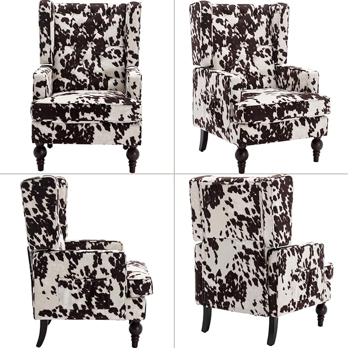 Mid-Century Accent Chair, Upholstered Arm Chair Linen Fabric Side Chair with High Back Solid Wooden Legs, Comfy Reading Chair for Living Room Bedroom, Milk Cow-Ruum Studio Home