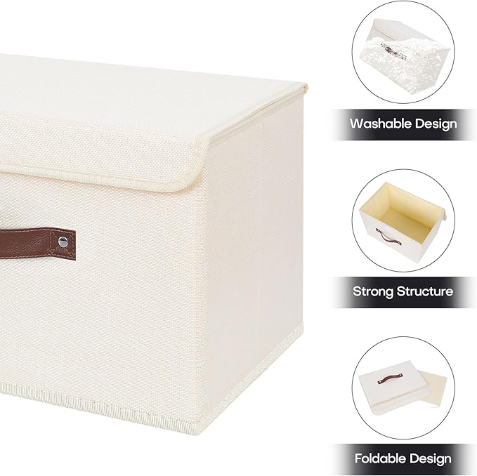 ANMINY 2PCS Storage Bins with Lid PU Leather Handles Storage Boxes PP Plastic Board Decorative Foldable Lidded Cotton Linen Fabric Home Cubes Baskets Closet Organizer Containers - Beige, Large Size-Ruum Studio Home