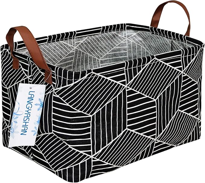 LANGYASHAN Rectangular Storage Bin Collapse Canvas Fabric Cartoon Storage Basket with Handles for Organizing Home Kitchen Boys and Girls Toys Office Closet Shelf Baskets (Black Diamond)-Ruum Studio Home