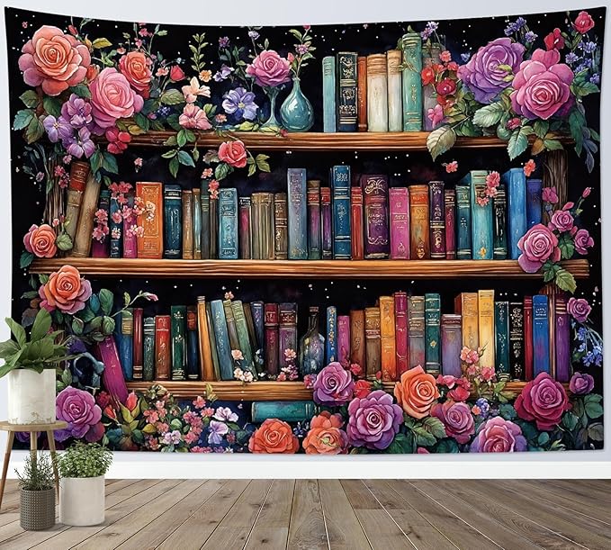 HVEST Bookshelf Wall Tapestry Pink Floral Green Leaf Watercolor Plant Botanical Aesthetic Tapestry Wall Hanging Vintage Library Book Tapestries for Bedroom Living Room Dorm, 70.9L x 92.5W Inches-Ruum Studio Home