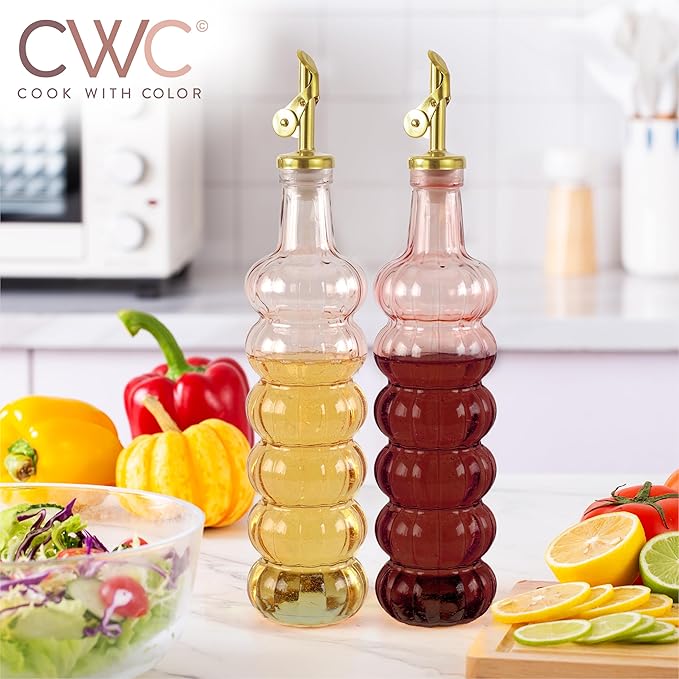COOK WITH COLOR Glass Olive Oil Bottle Dispenser - 2 Pack- 17oz Oil and Vinegar Cruet - Olive Oil Carafe Decanter for Kitchen-Ruum Studio Home
