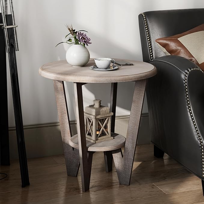 Rustic Farmhouse End Table with Storage Shelf, French Country Accent Side for Family, Dinning or Living Room, Small Spaces, Modern, Round, Vintage Blue Finish, Curved Leg-Ruum Studio Home