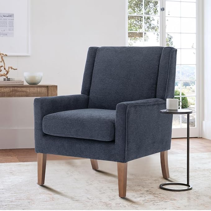 COLAMY Modern Wingback Living Room Chair, Upholstered Fabric Accent Armchair, Single Sofa Chair with Lounge Seat and Wood Legs for Bedroom/Office/Reading Spaces, Blue-Ruum Studio Home
