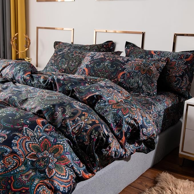 ABREEZE Luxury Vintage Black Duvet Cover Sets Damask Paisley Bedding Set Retro 100% Brushed Cotton Zipper Closure Bedding Collection Cal.King-Ruum Studio Home