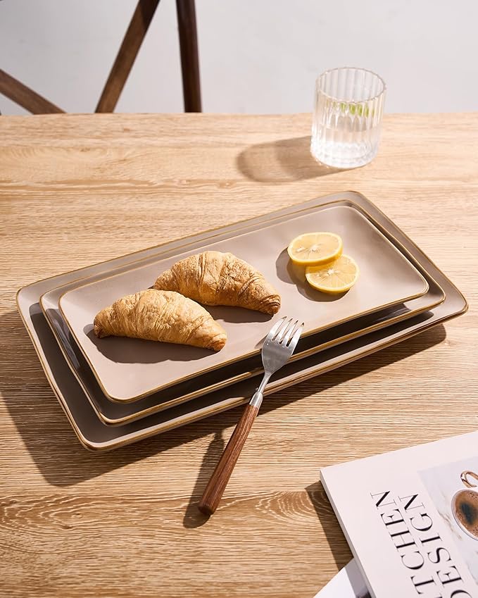 famiware Serving Platter, Rectangular 15.67/14.1/12.6 inch Serving Dishes for Entertaining, Microwave Dishwasher Safe, Stonware Serving Trays for Party, Turkey, Cheese, Ocean Series, Cinnamon Brown-Ruum Studio Home