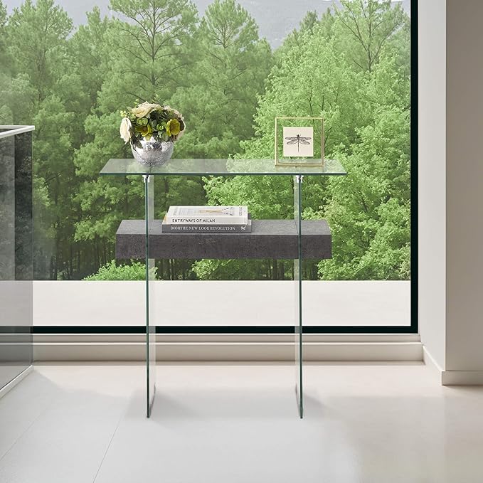 ivinta Narrow Glass Console Table with Storage, 31.5'' Modern Entryway Table with Storage Shelves for Living Room, Hallway, Foyer, Bedroom 5103 (Gray)-Ruum Studio Home