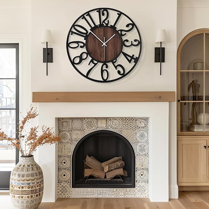 Maxstar Round Wall Clock for Living Room Decor Battery Operated Non Ticking Silent Vintage Black Metal Wood Clocks for Home Living Room Garden Farmhouse Office Kitchen Decoration -20 inch-Ruum Studio Home