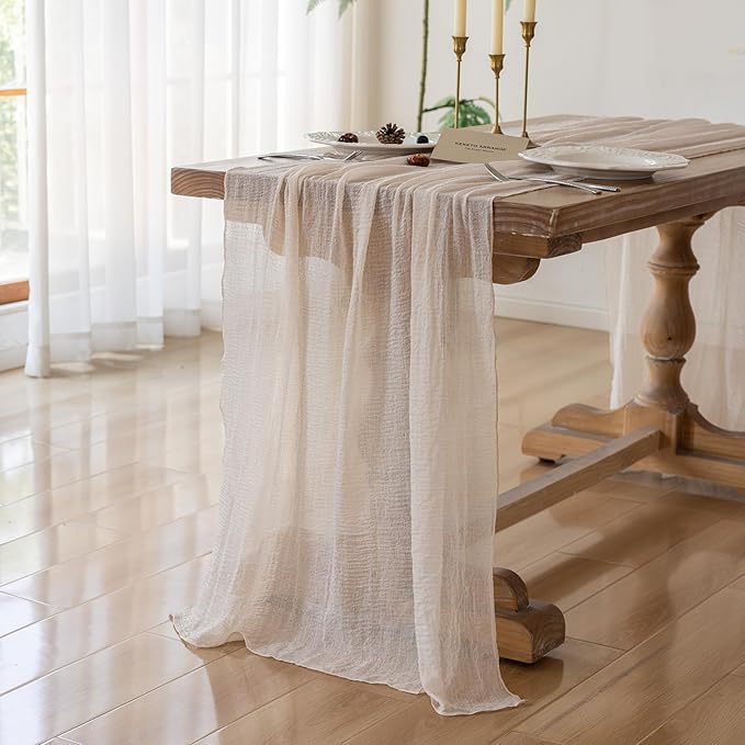 Beige Gauze Rustic Cheesecloth Table Runner 120 Inch 10 FT for Wedding Baby Shower Bridal Shower Birthday Engagement Garden Outdoor Party Long Sheer Boho Decorations-Ruum Studio Home