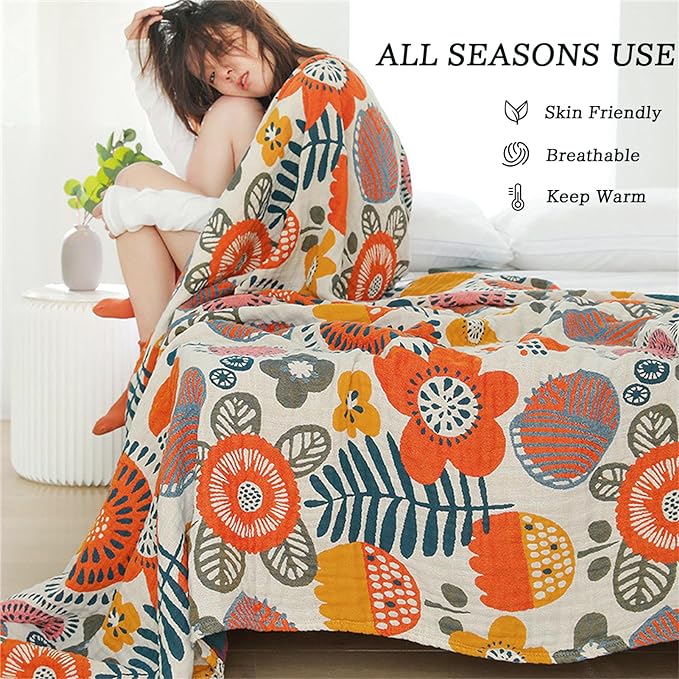 Boho Throw Blanket 60''x80'' for Bed Couch, Floral Muslin Bed Blankets Boho Quilt Travel Mexican 100% Cotton Super Soft Summer Blanket Picnic Blankets-Ruum Studio Home