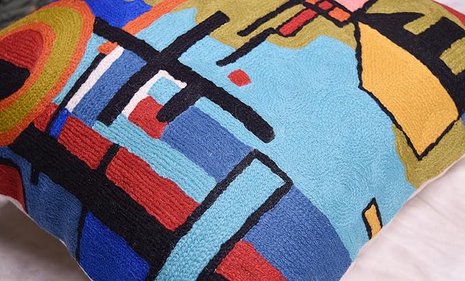 Kandinsky Upwards Abstract Pillow Cover Blue Decorative Throw Pillowcase Modern Chair Cushion Contemporary Accent Pillowsham Couch Handembroidered Wool Size 18x18-Ruum Studio Home