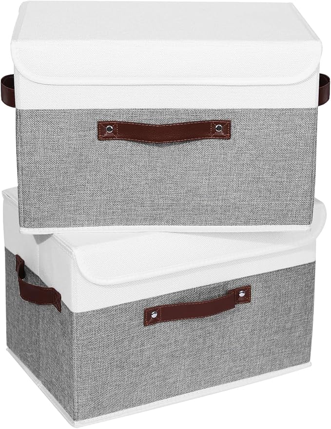 ANMINY 2PCS Storage Boxes with Lid Washable Decorative Storage Bins Basket with PU Leather Handle Foldable Linen Fabric Storage Cubes Containers for Home Closet Organizer - Gray White, Large Size-Ruum Studio Home