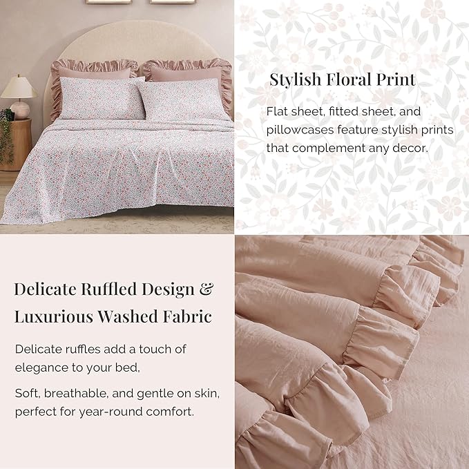 Full Comforter Set - 7 Pieces Ruffle Pink Bedding Sets, Shabby Chic Farmhouse Bed in a Bag Full with Ruffle Comforter, Floral Sheets, Pillowcases & Shams-Ruum Studio Home