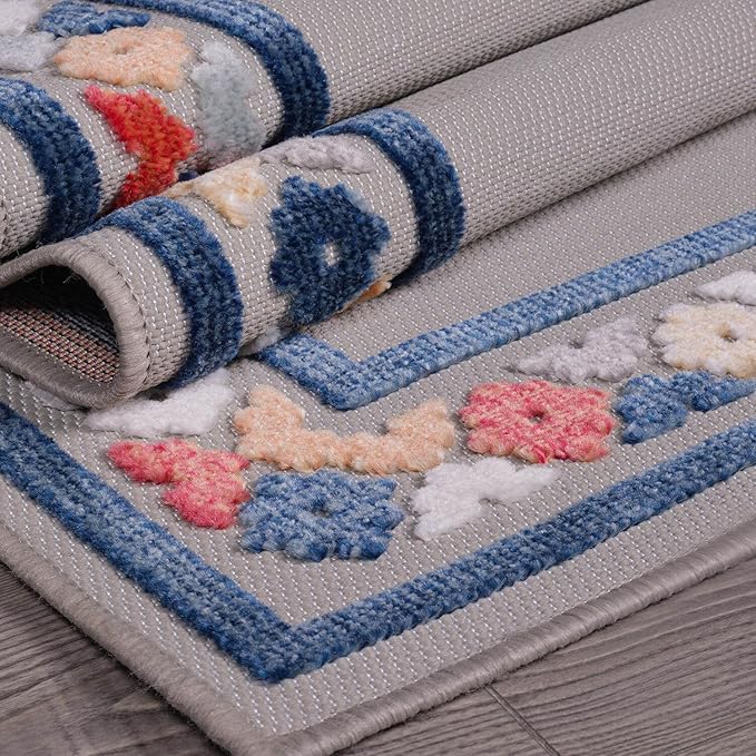Beverly Rug Outdoor Runner Rug 2x7 Modern Floral Bordered Area Rugs for Indoor and Outdoor Patio Easy to Clean Non Shedding Living Room Porch Garden Washable Outside Carpet (2 x 7 Gray)-Ruum Studio Home