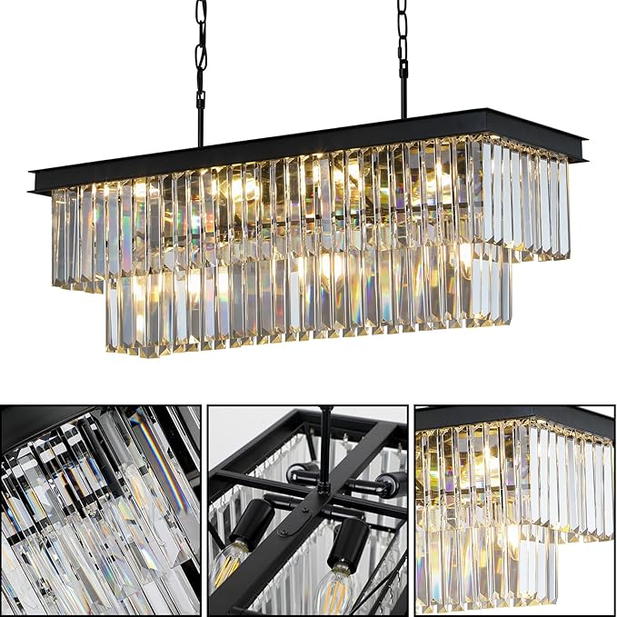 Crystal Chandeliers for Dining Room 11-Light Black Modern Chandelier Rectangle Contemporary Pendant Light Fixture for Kitchen Island Bar L33.5 Inch-Ruum Studio Home