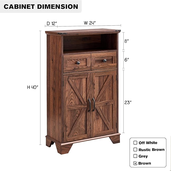 Farmhouse Bathroom Storage Cabinet, 24" Wide Floor Cabinet w/Barn Doors, Adjustable Shelf & Drawer, Cabinets for Bathroom, Kitchen, or Living Room, Brown-Ruum Studio Home