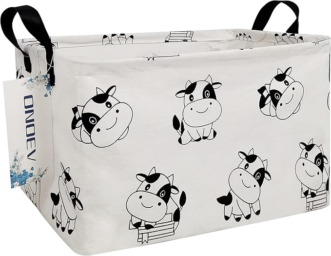 Rectangular Folding Laundry Basket,Canvas Basket,Nersury Hamper,Suitable for Children,Office,Bedroom,Clothes,Toys Storage (REC Cow), 14.9’’L ×10.2’’W×9.05’’H inches-Ruum Studio Home