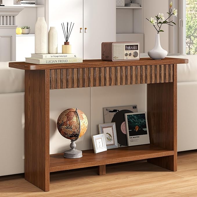 BECHAEO Mid Century Modern Console Table with Drawers, 51" Large 2-Tier Narrow Console Table with Storage Shelf, Sofa Station Behind The Couch, Accent Tables for Entryway, Hallway, Rustic Brown-Ruum Studio Home