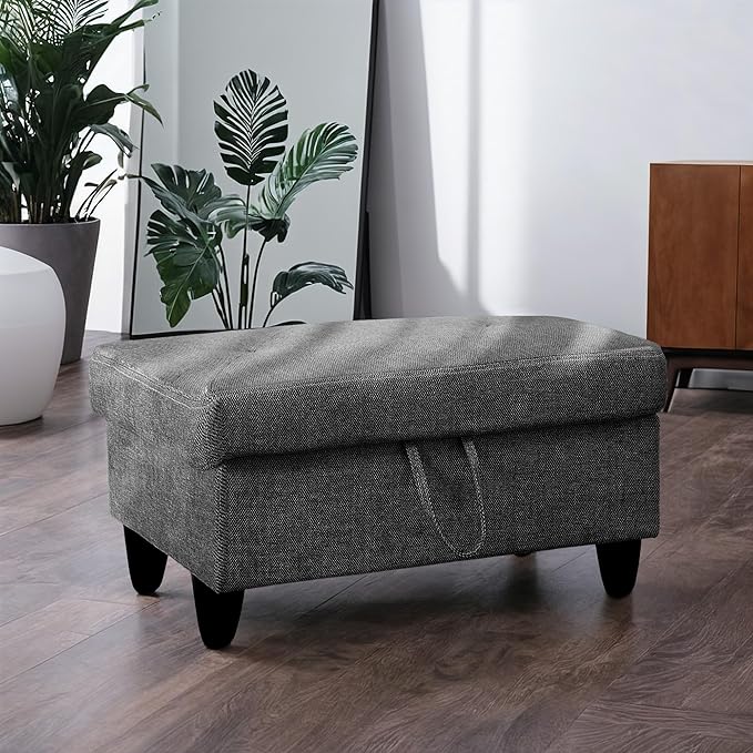 Ottoman Rectangular Storage Ottoman Bench, Flannel Footrest Stool Footstool with Lid for Living Room, Bedroom, Entryway, Black Gray, 28.5"x19"x17.5"-Ruum Studio Home