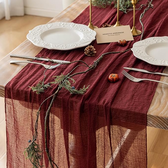 Burgundy Table Runner Red Cheesecloth Gauze 120 Inch 10 FT Rustic Boho Cheese Cloth Runner for Wedding Baby Shower Bridal Shower Birthday Party Long Sheer Home Decorations-Ruum Studio Home