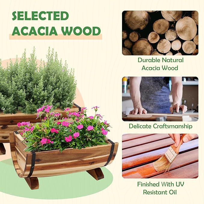 IDZO Solid Acacia Wood Half Barrel Planters Outdoor Set of 2 Different Sizes, Wooden Planters for Outdoor Plants with Metal Bands & Drainage Holes, Legs Included, Natural-Ruum Studio Home