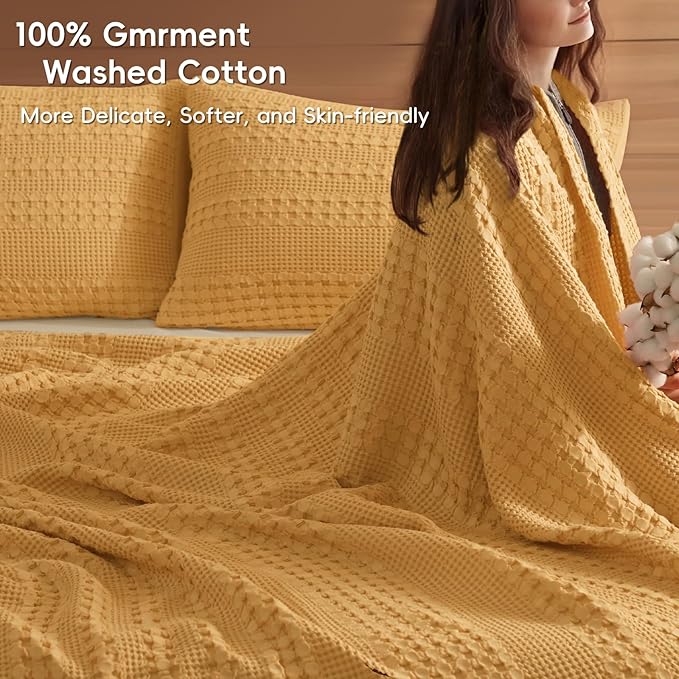 PHF 100% Cotton Waffle Weave Blanket King Size, Soft Lightweight Breathable Cozy Summer Blankets for Bed, Luxury Aesthetic Woven Bedding for Home Decor, 108"x90", Ginger/Honey Yellow-Ruum Studio Home