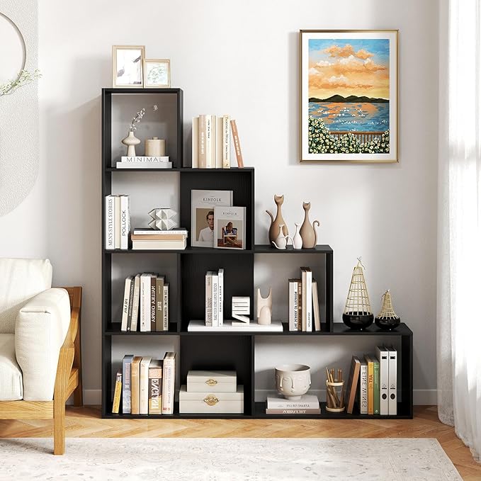 Tangkula 4-Tier Stepped Bookshelf, Freestanding 6 Cubes Ladder Bookcase with Anti-Tipping Kits, 64" Tall Modern Wooden Storage Display Rack for Home Office Living Room Study (2, Black)-Ruum Studio Home