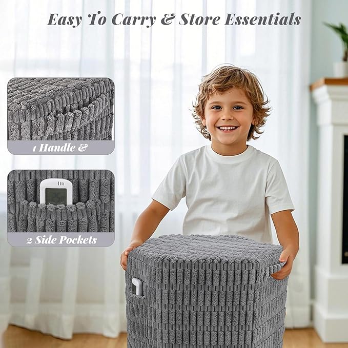 Hexagon Pouf Ottoman Stuffed with 2 Pockets & Handle, Comfort Corduroy Poufs, Non-Slip Foot Stool Storage Ottoman, Foam Floor Poufs Foot Rest for Couch, Bedroom (Gray)-Ruum Studio Home