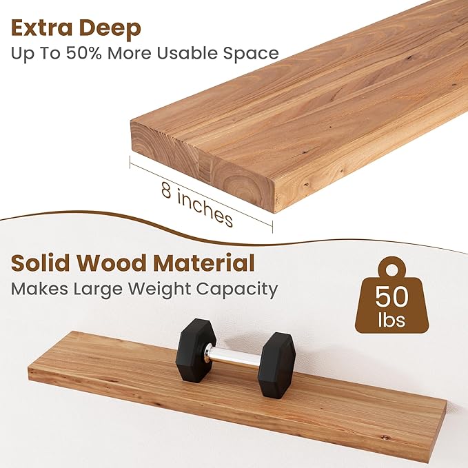 Floating Shelves for Wall Decor, 8" Deep Rustic Solid Elm Wood Floating Shelves Wall Mounted, Wall Shelves with Invisible Bracket for Living Room Bathroom Bedroom Kitchen, 36 Inch Set of 2, Natural-Ruum Studio Home