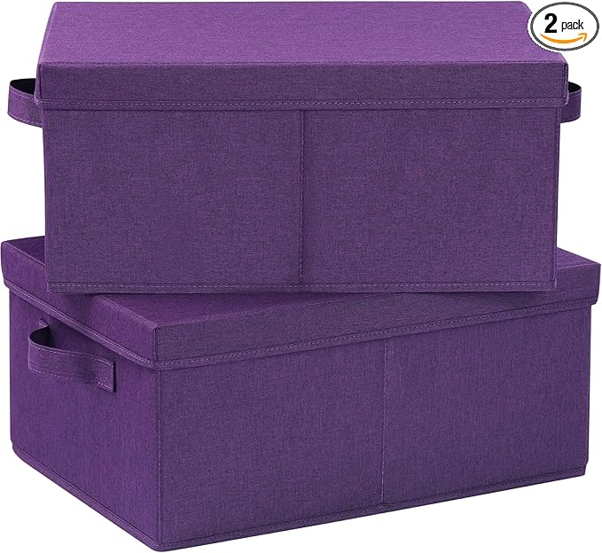 HOONEX Storage Bins with Lids for Organizing, Pack of 2, Storage Boxes with 2 Carry Handles and Sturdy Heavy Cardboard, 16.5" L x 11.8" W x 7.5" H for Shoes, Books, Clothes, Nursery, Dark Purple-Ruum Studio Home