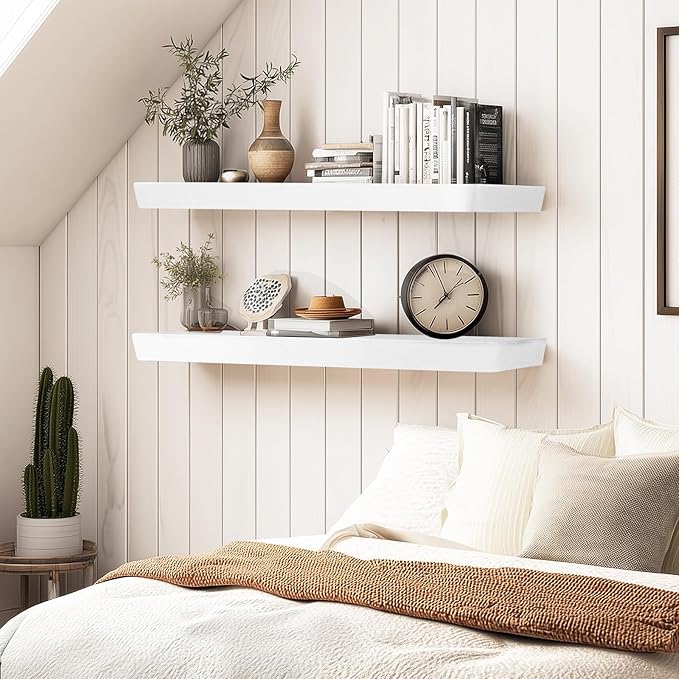 36"x6.8"x1.6" Slanted Floating Wall Shelves 2-Pack - Rustic White Finish, Heavy-Duty Solid Wood Design with Hidden Brackets - Perfect for Living Room, Kitchen, Bathroom, or Office-Ruum Studio Home