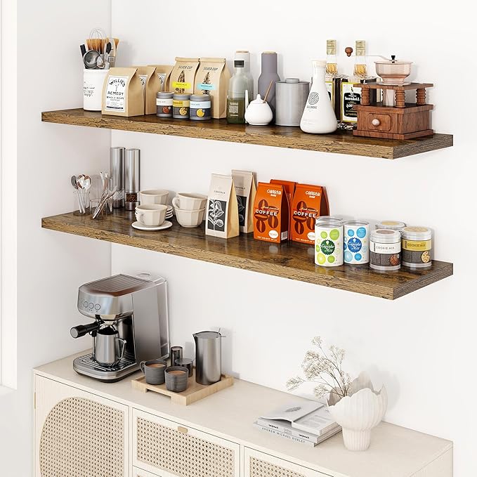 55" Floating Shelves for Wall, 12" Deep Slim Rustic Brown Floating Shelves, Wall-Mounted Shelves for Bedroom, Living Room, Kitchen, Bathroom - Set of 2-Ruum Studio Home