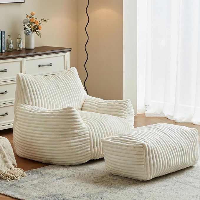 Premium Beige Bean Bag Chair for Adults with Armrest- Ultra Plush Memory Foam Lounge Sofa & Comfy Reading Nook Chair for Bedroom, Living Room & Dorm (White, with Footrest)-Ruum Studio Home