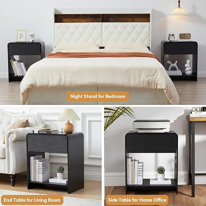 Fluted Nightstand with Charging Station, Mid Century Modern Bed Side Table End Table with Drawer Storage, Large Wooden Night Stands Bedside for Bedroom Living Room Sofa Office, Black-Ruum Studio Home