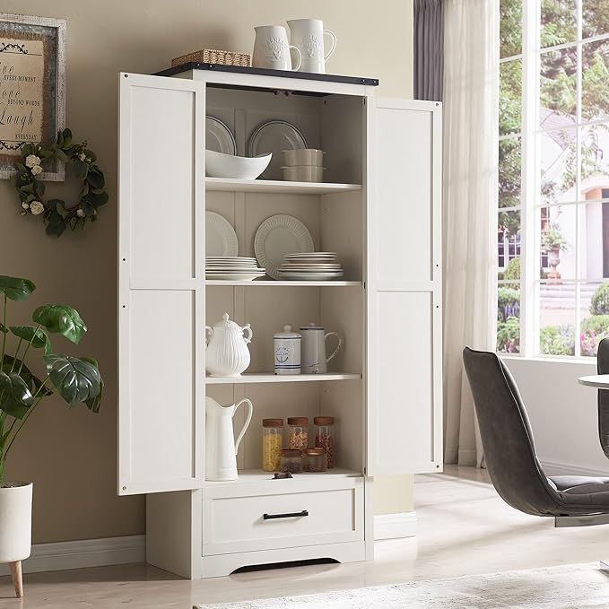 JXQTLINGMU Farmhouse Kitchen Pantry Cabinet - 72" Tall Wood Kitchen Storage Cabinets with Adjustable Shelves & 2 Barn Style Doors & Drawer, Versatile Storage for Dining Room, Bathroom, Antique White-Ruum Studio Home